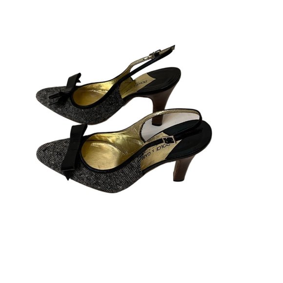 Dolce & Gabbana Black & Gray Tweed Slingback Heels Black Bow Wooden Heels Size 6 - Picture 8 of 13